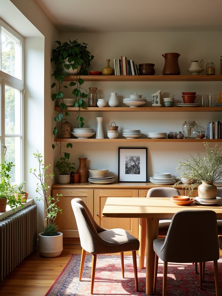 open shelving on the dining room wall